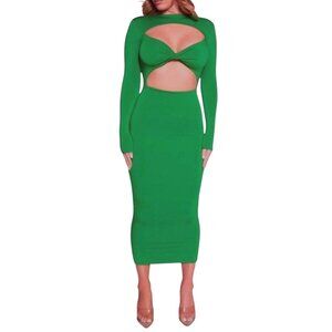 NEW NW Smooth Twist Front Cutout Long Sleeve Midi Dress in Kelly Green Size‎ XL